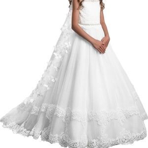 Communion White Lace Flower Girl Dress Butterfly Cape with Bow Size 8